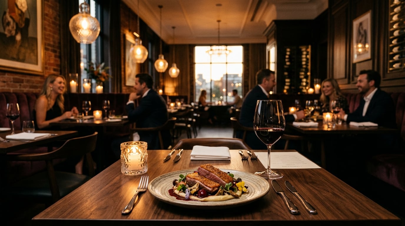 Restaurante premium con platos elegantes e iluminación cálida
