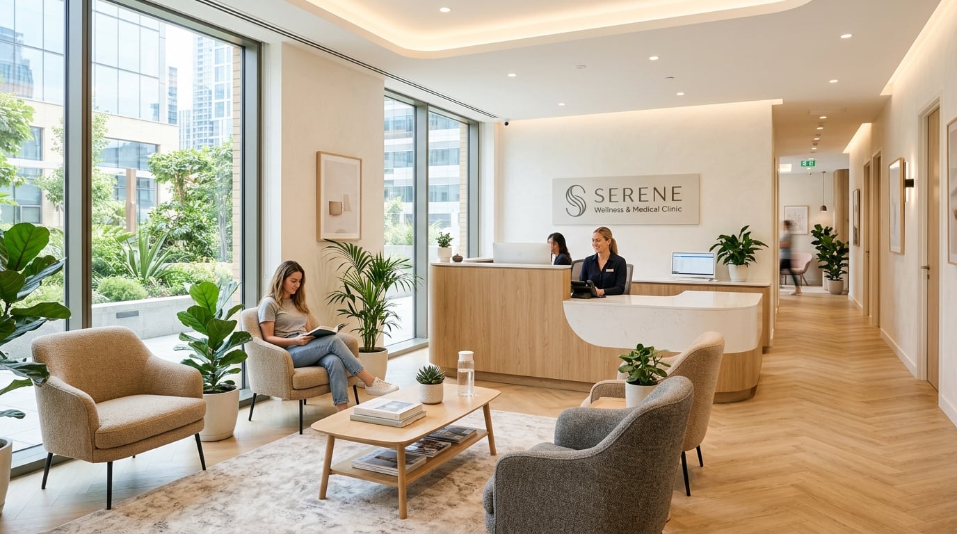 Interior de clínica de salud profesional con ambiente acogedor